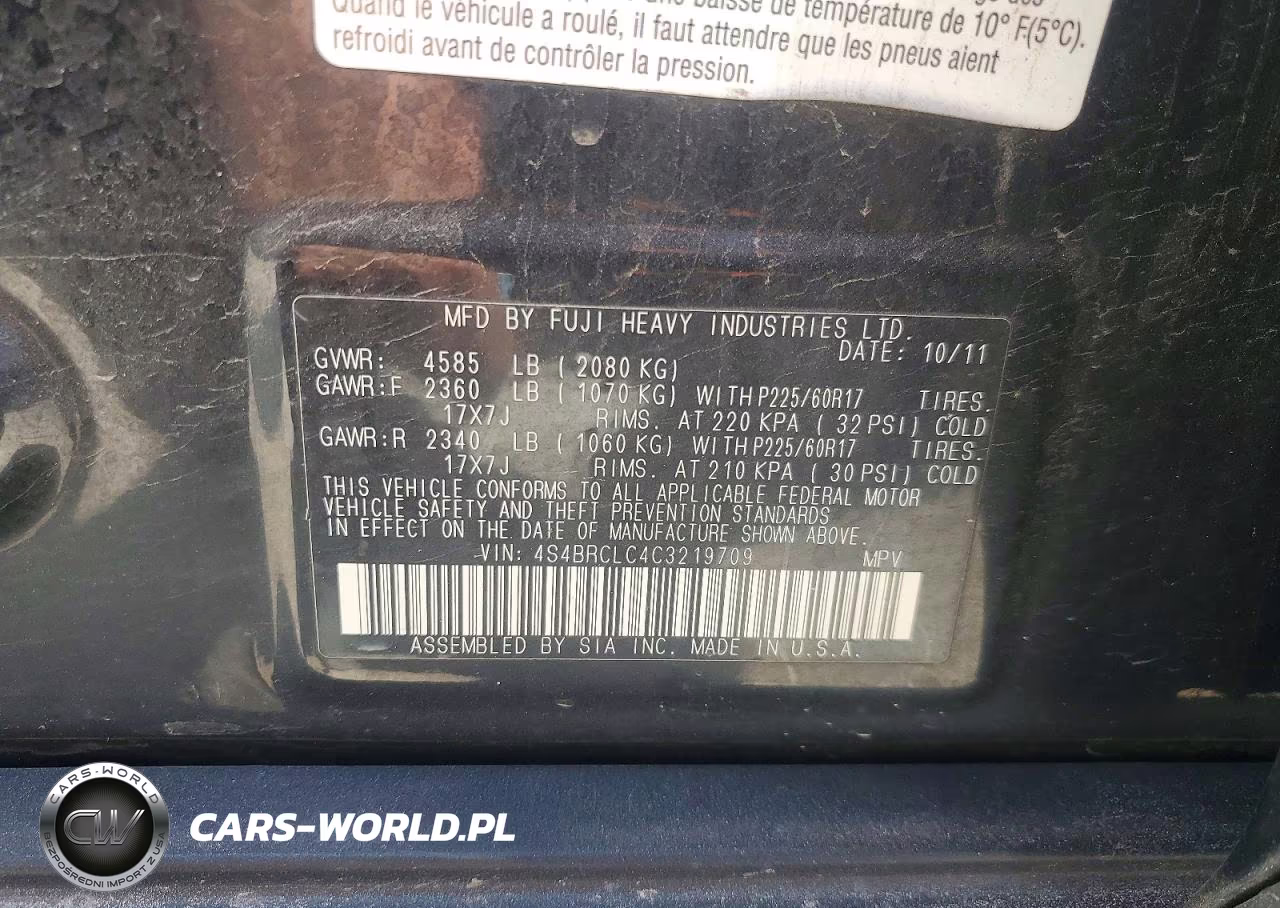 2012 Subaru Outback 2.5I Limited VIN:4S4BRCLC4C3219709 - 12