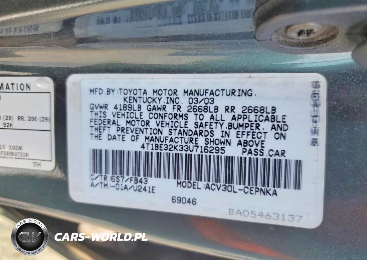 2003 Toyota Camry Le VIN:4T1BE32K33U716295 - 12