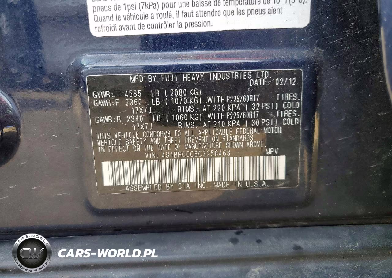2012 Subaru Outback 2.5I Premium VIN:4S4BRCCC6C3258463 - 12