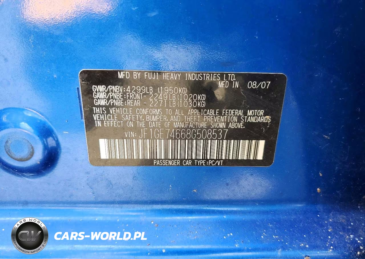 2008 Subaru Impreza Wrx VIN:JF1GE74668G508537 - 12