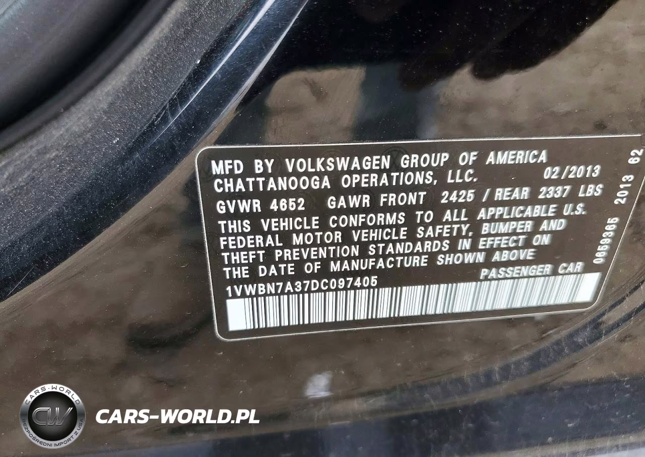 2013 Volkswagen Passat Se VIN:1VWBN7A37DC097405 - 12