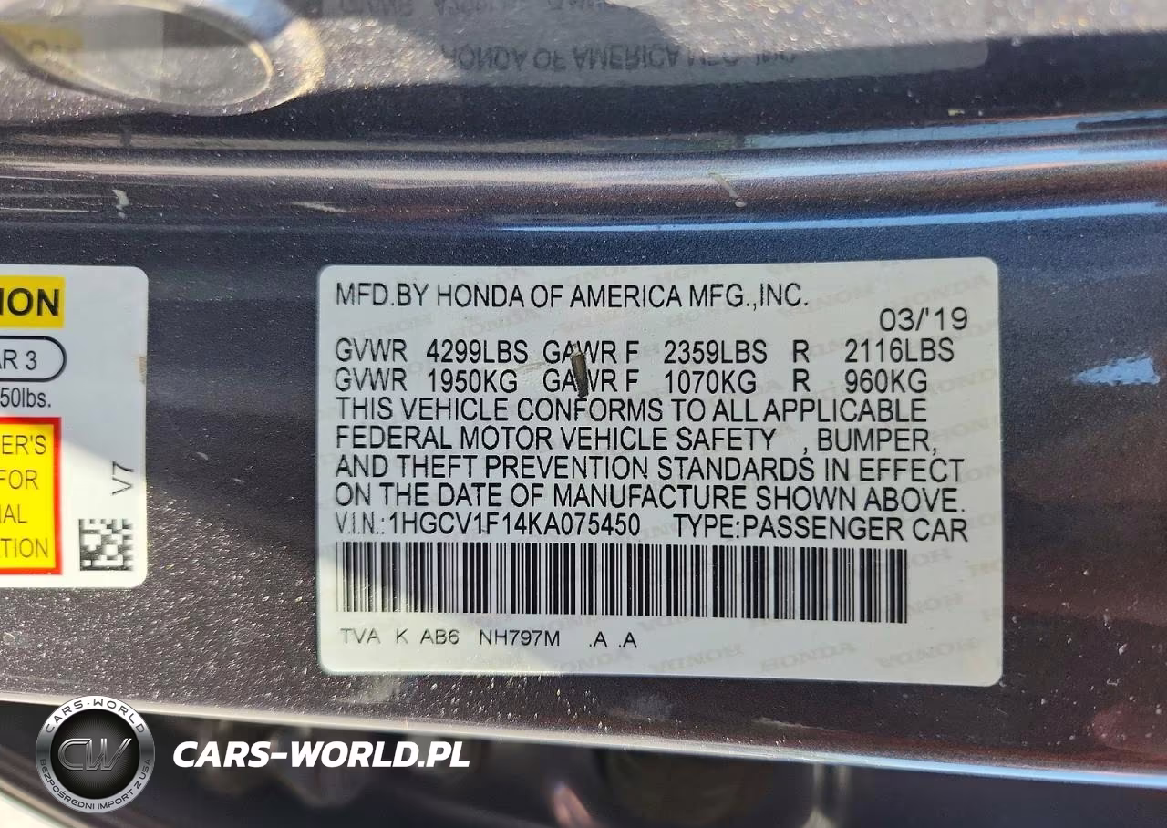 2019 Honda Accord Lx VIN:1HGCV1F14KA075450 - 12