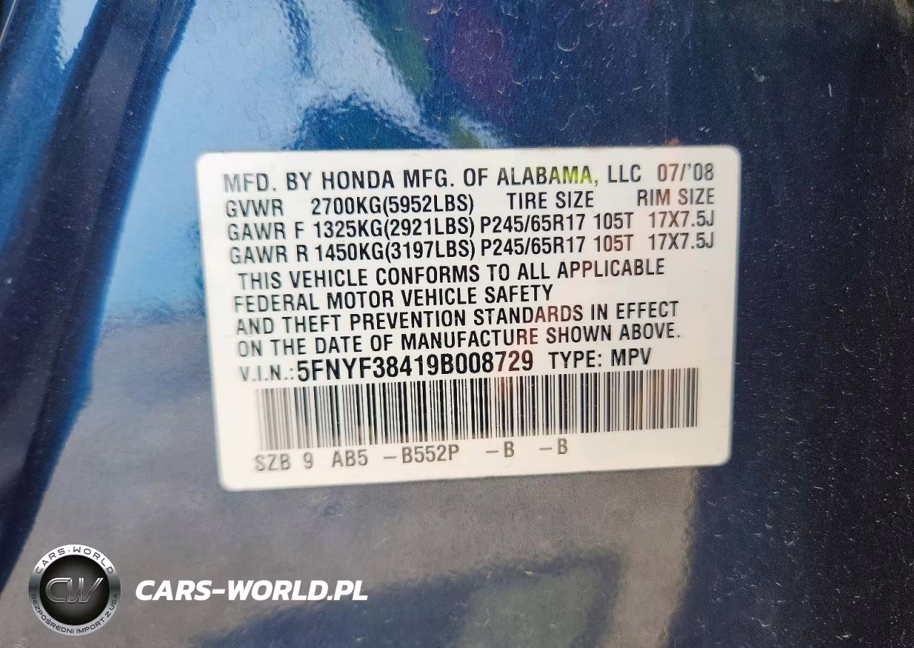 2009 Honda Pilot Ex VIN:5FNYF38419B008729 - 12