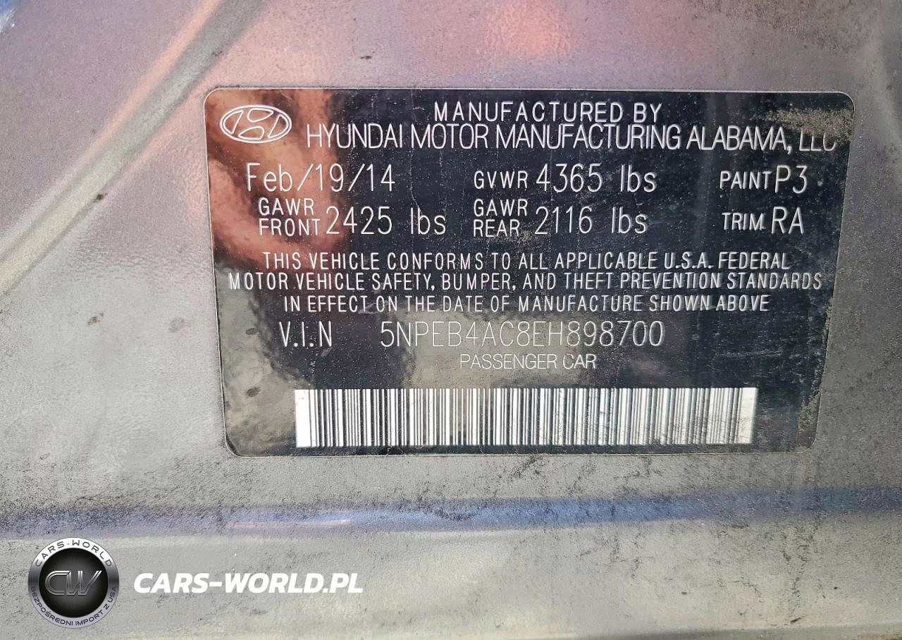 2014 Hyundai Sonata Gls VIN:5NPEB4AC8EH898700 - 12