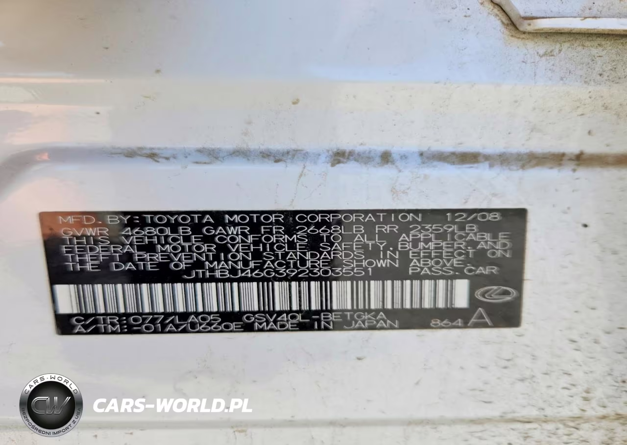 2009 Lexus Es 350 VIN:JTHBJ46G392303551 - 12