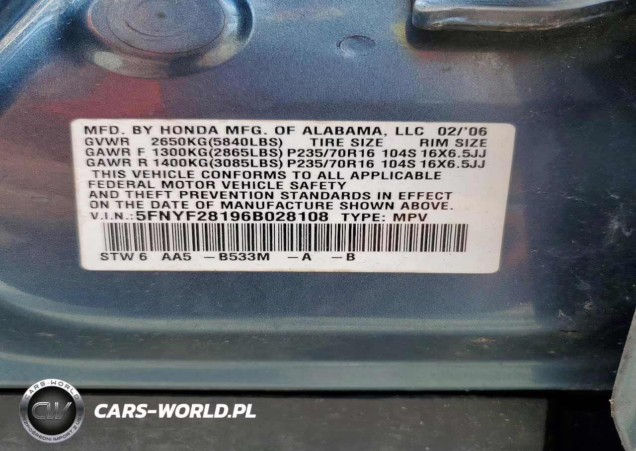 2006 Honda Pilot Lx VIN:5FNYF28196B028108 - 13
