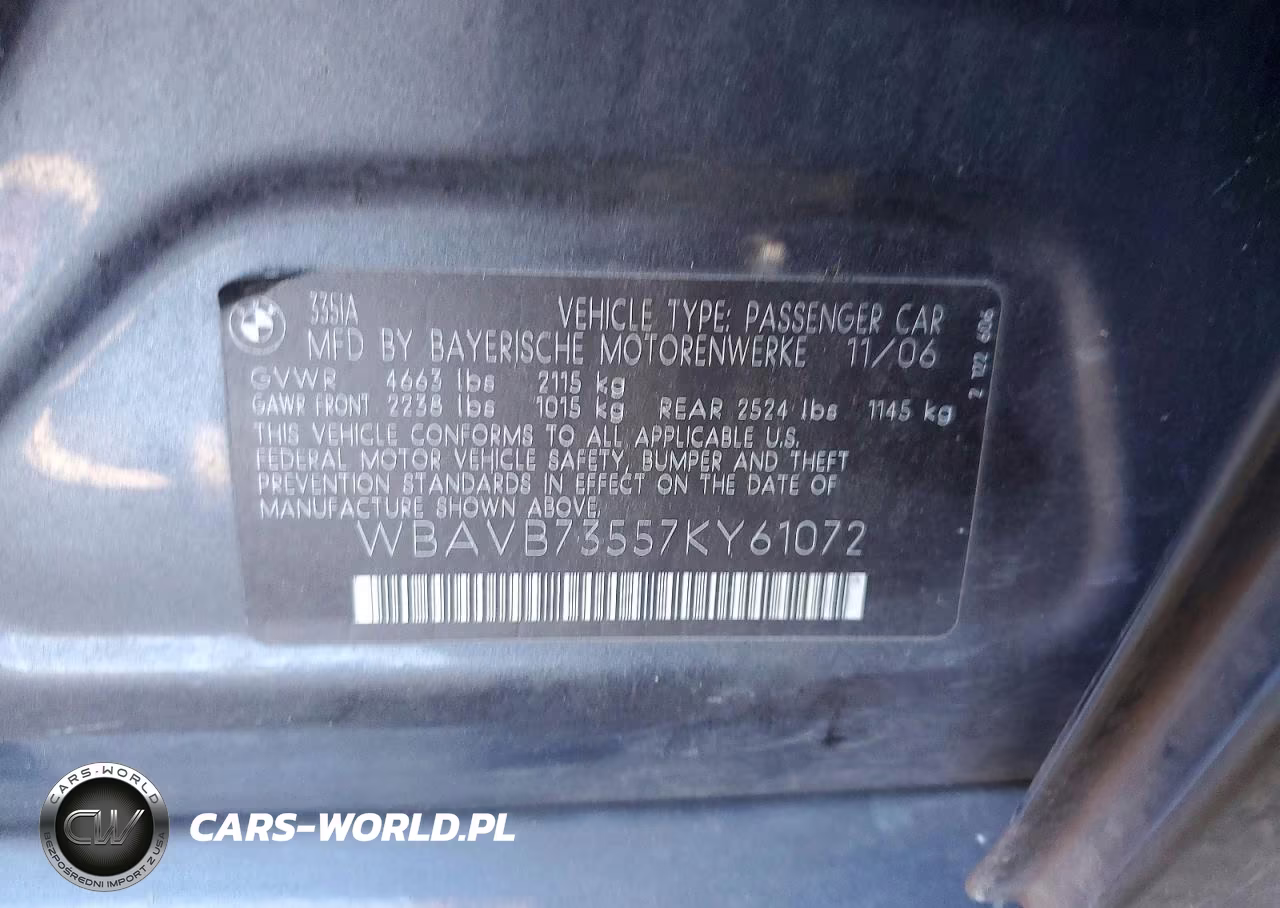 2007 BMW 335 I VIN:WBAVB73557KY61072 - 12