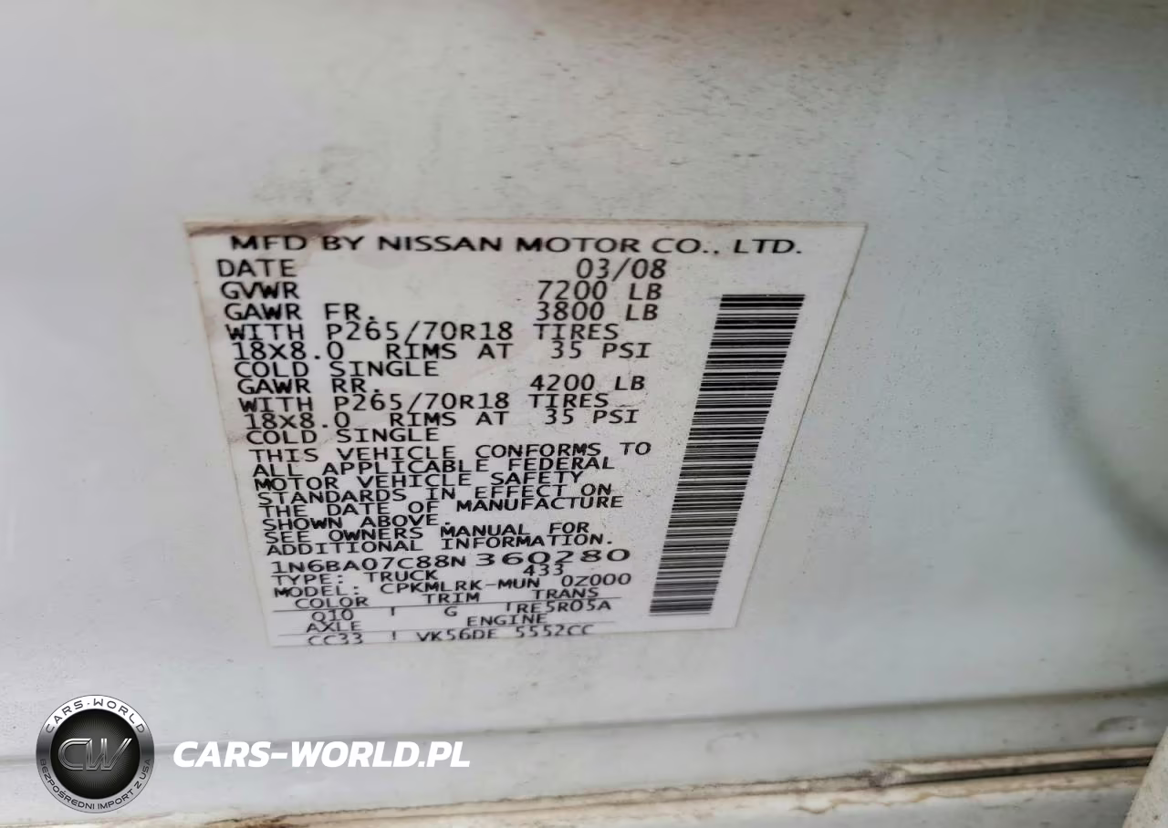 2008 Nissan Titan Xe Ffv VIN:1N6BA07C88N360280 - 13