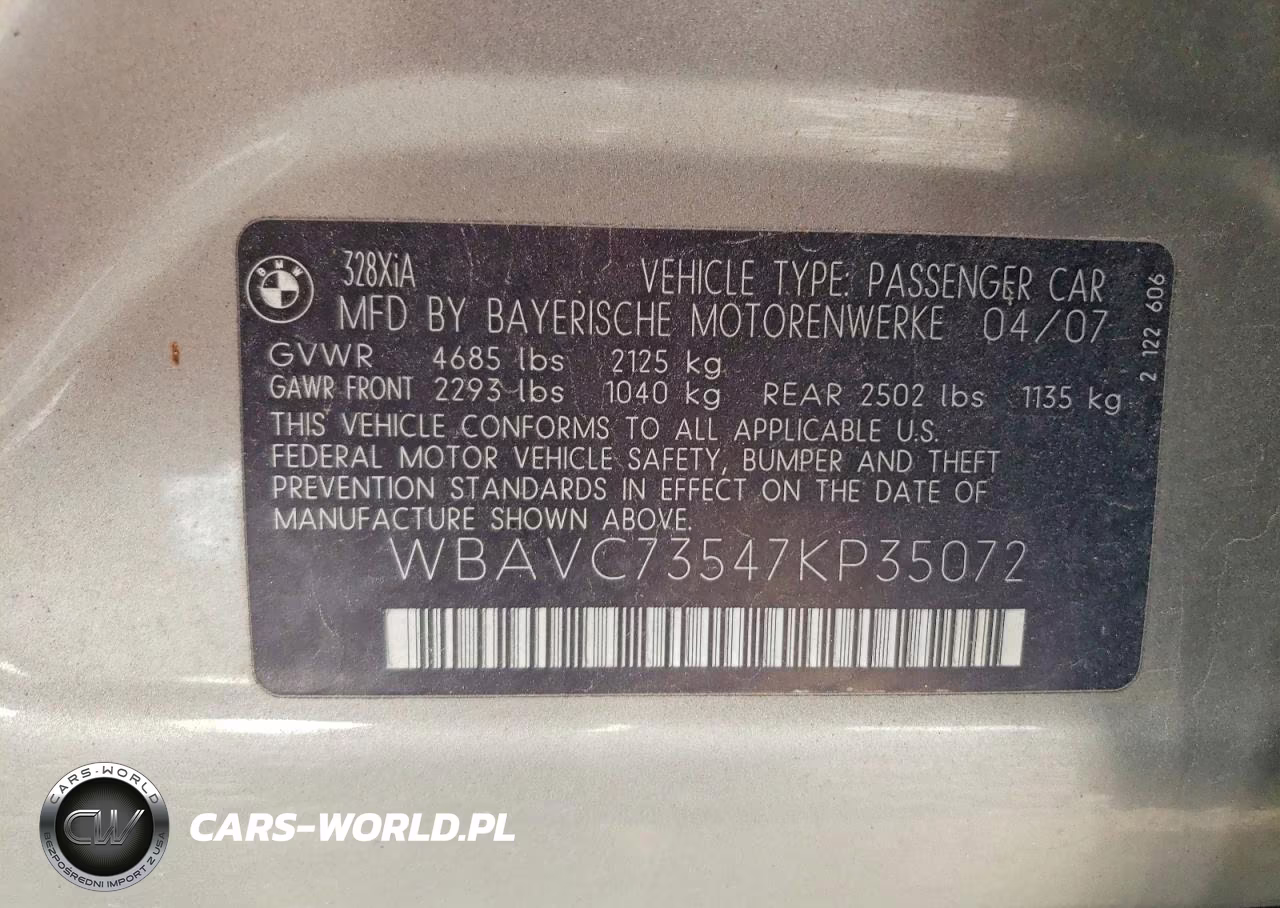 2007 BMW 328 Xi Sulev VIN:WBAVC73547KP35072 - 12
