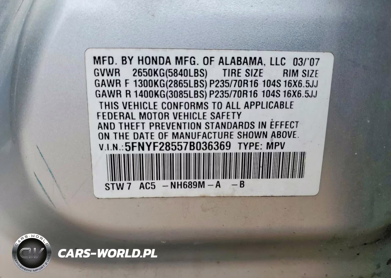 2007 Honda Pilot Exl VIN:5FNYF28557B036369 - 13