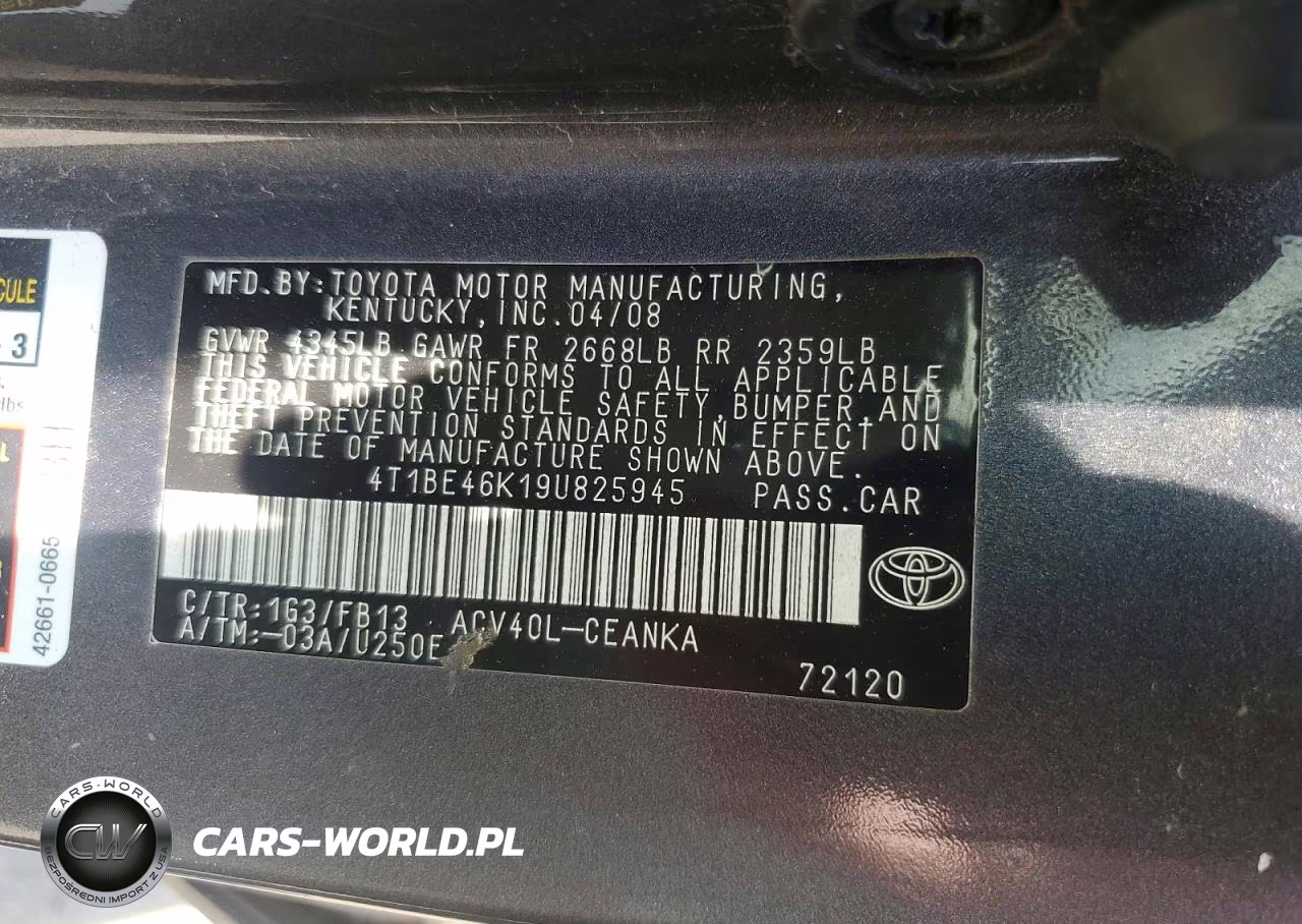 2009 Toyota Camry Le VIN:4T1BE46K19U825945 - 12