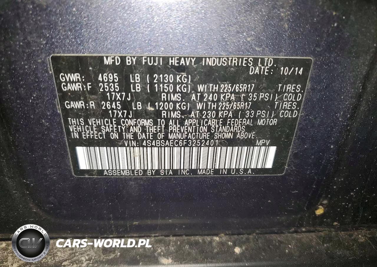 2015 Subaru Outback 2.5I Premium VIN:4S4BSAEC6F3252401 - 12
