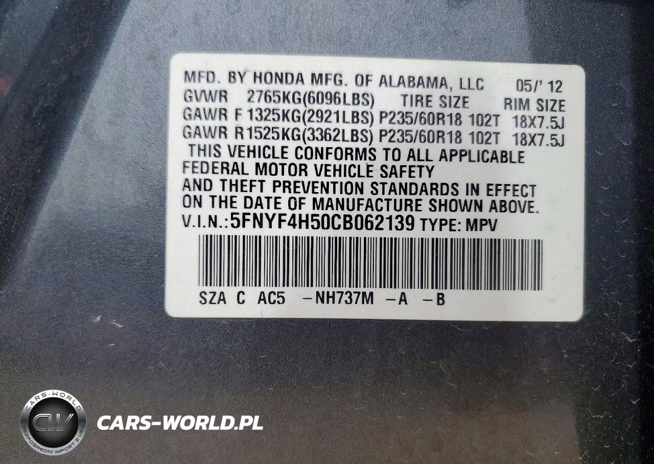 2012 Honda Pilot Exl VIN:5FNYF4H50CB062139 - 13