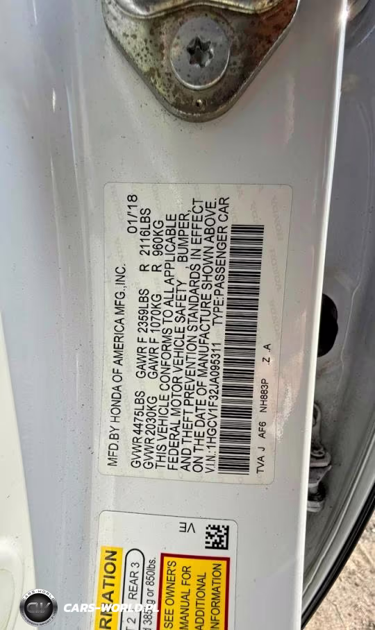 2018 Honda Accord Sport VIN:1HGCV1F32JA095311 - 10