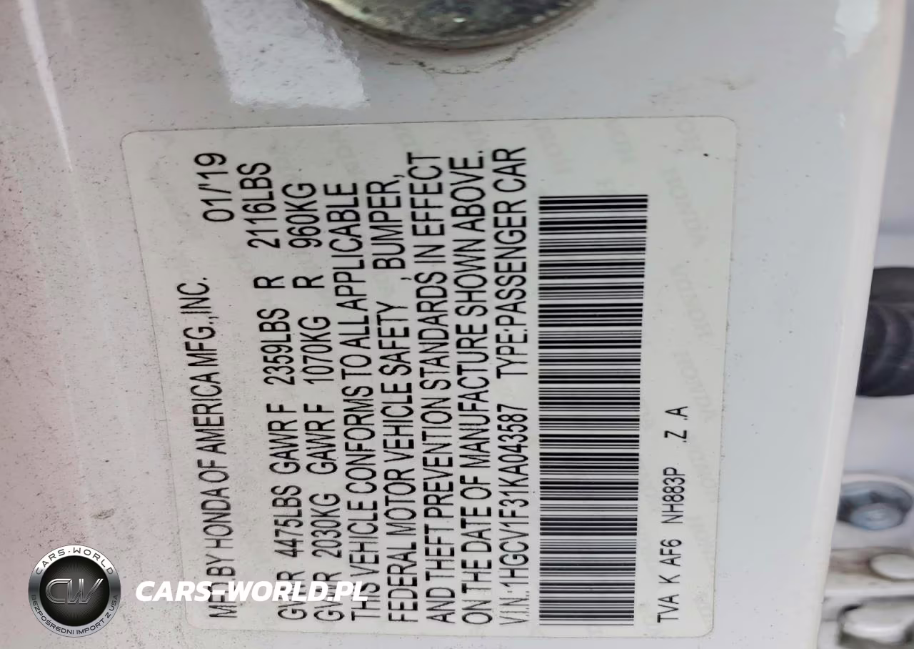 2019 Honda Accord Sport VIN:1HGCV1F31KA043587 - 12