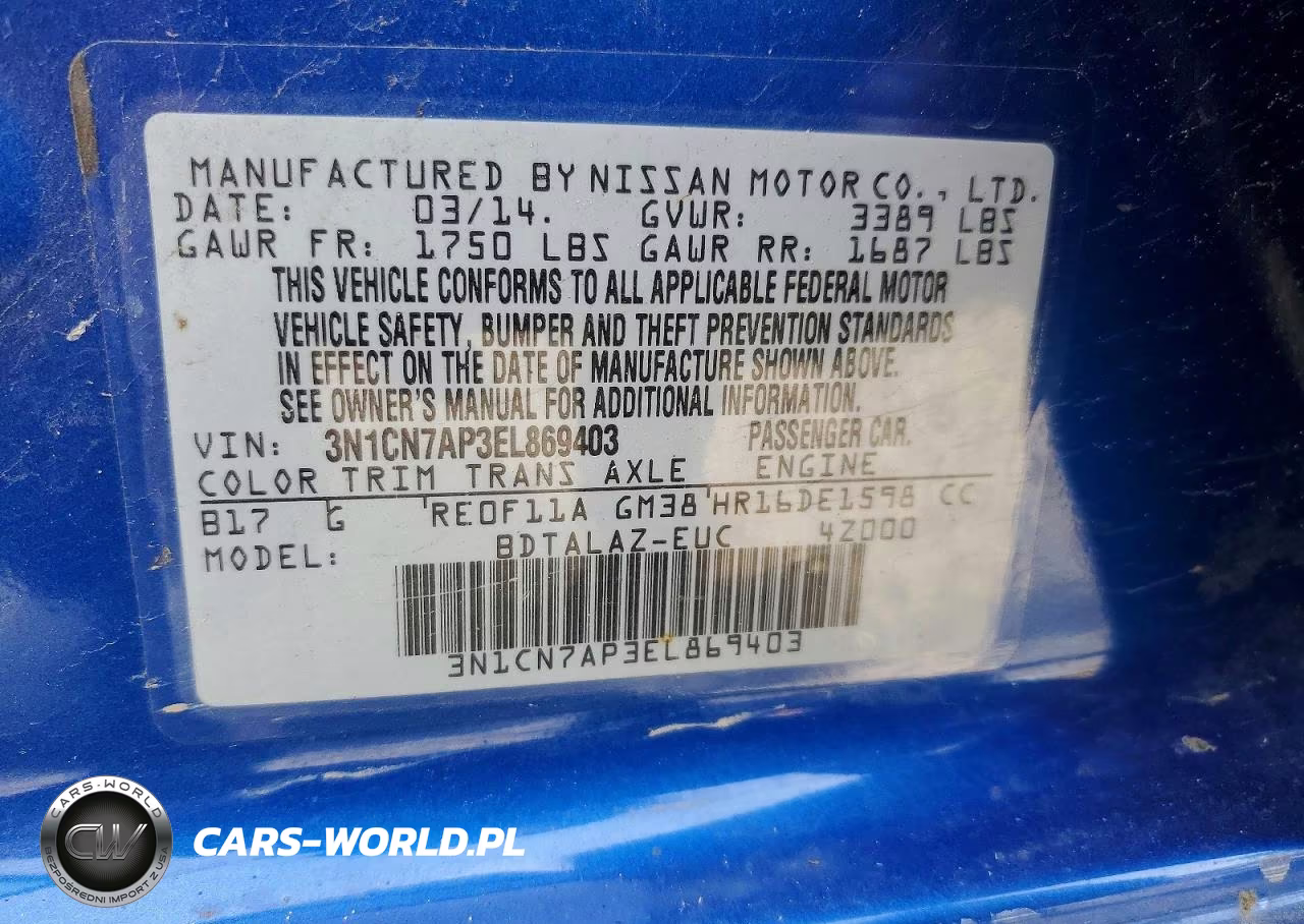 2014 Nissan Versa 1.6 S Plus VIN:3N1CN7AP3EL869403 - 12