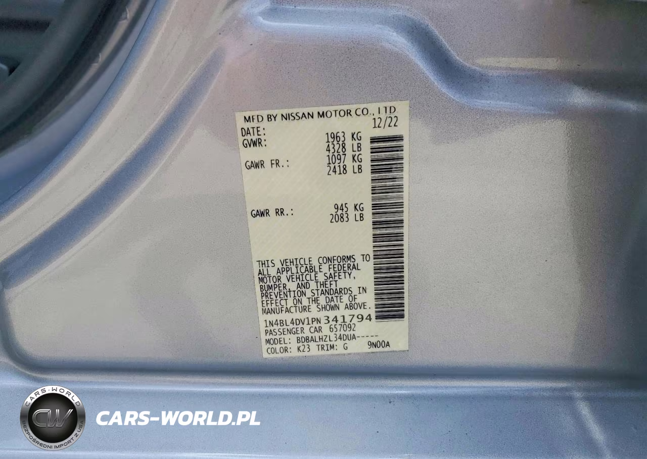 2023 Nissan Altima 2.5 Sv VIN:1N4BL4DV1PN341794 - 12