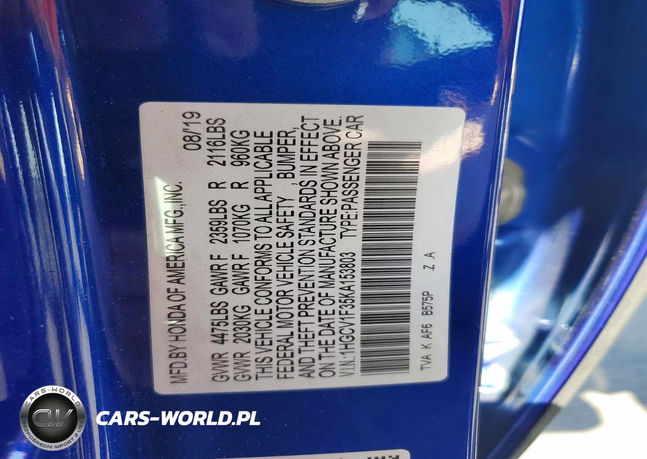 2019 Honda Accord Sport VIN:1HGCV1F35KA153803 - 12