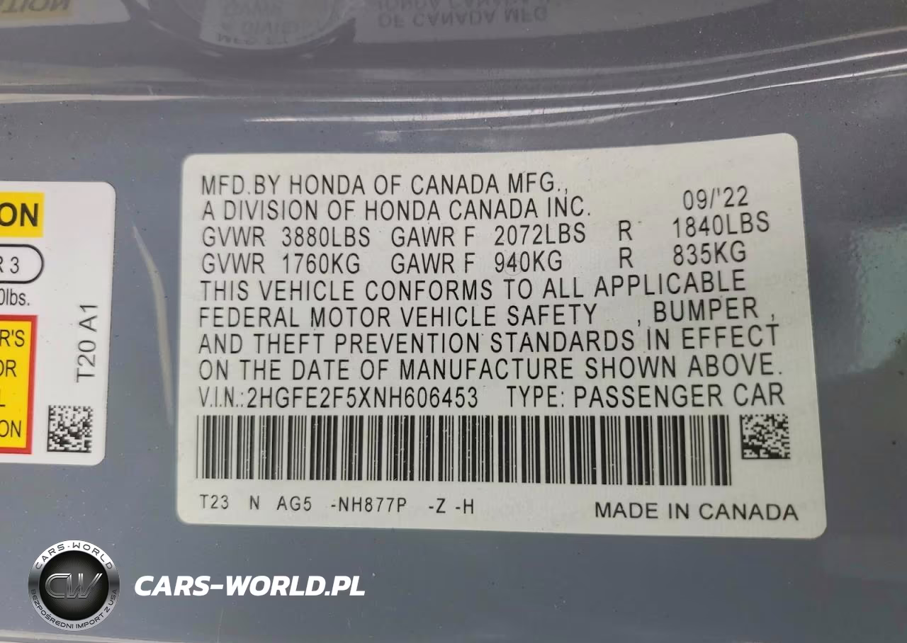 2022 Honda Civic Sport VIN:2HGFE2F5XNH606453 - 13