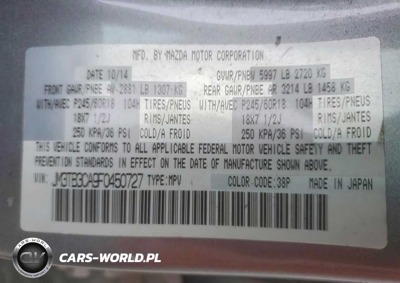2015 Mazda Cx-9 Touring VIN:JM3TB3CA9F0450727 - 14