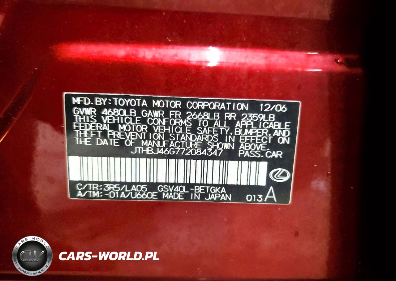2007 Lexus Es 350 VIN:JTHBJ46G772084347 - 13