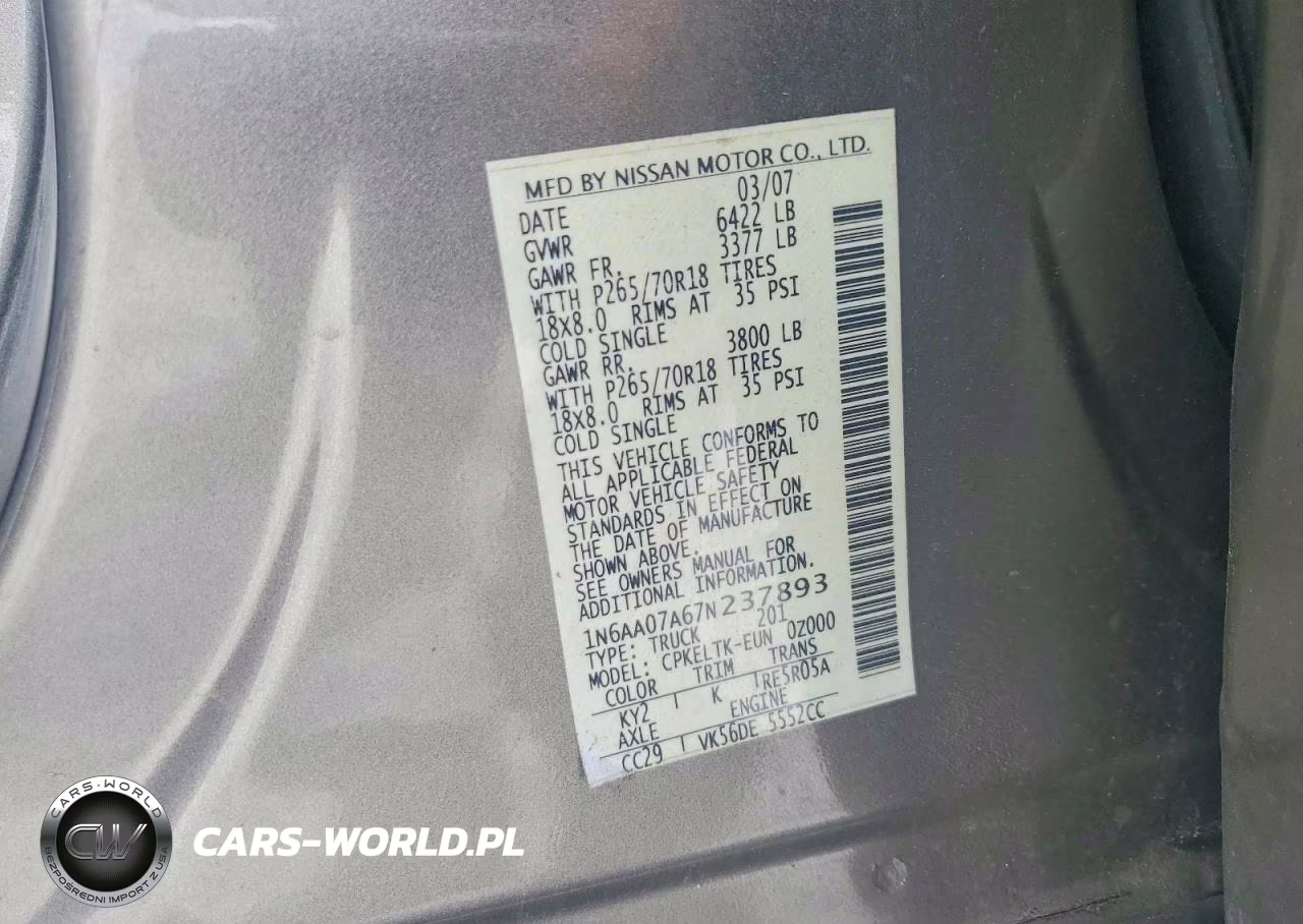 2007 Nissan Titan Xe VIN:1N6AA07A67N237893 - 12