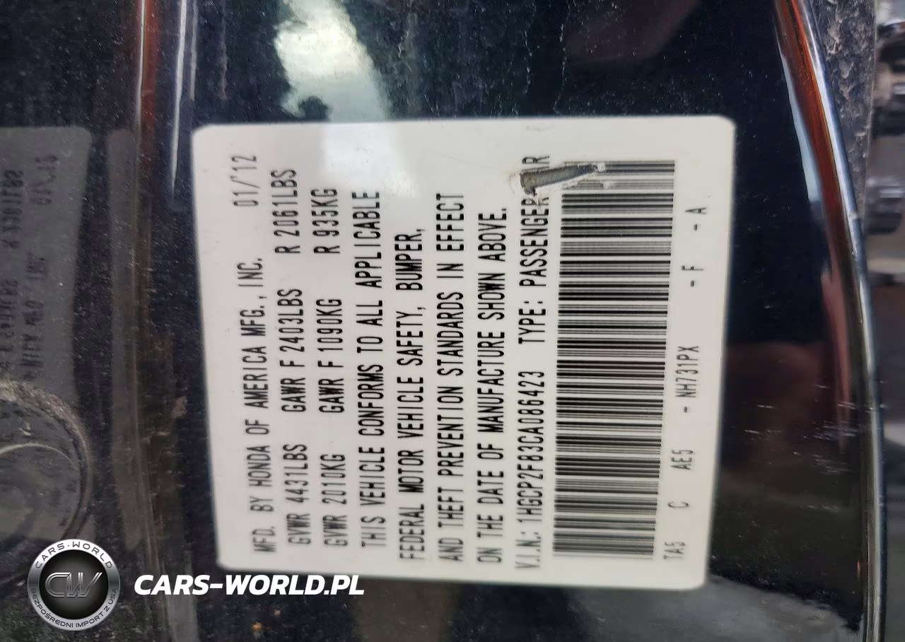 2012 Honda Accord Exl VIN:1HGCP2F83CA086423 - 12