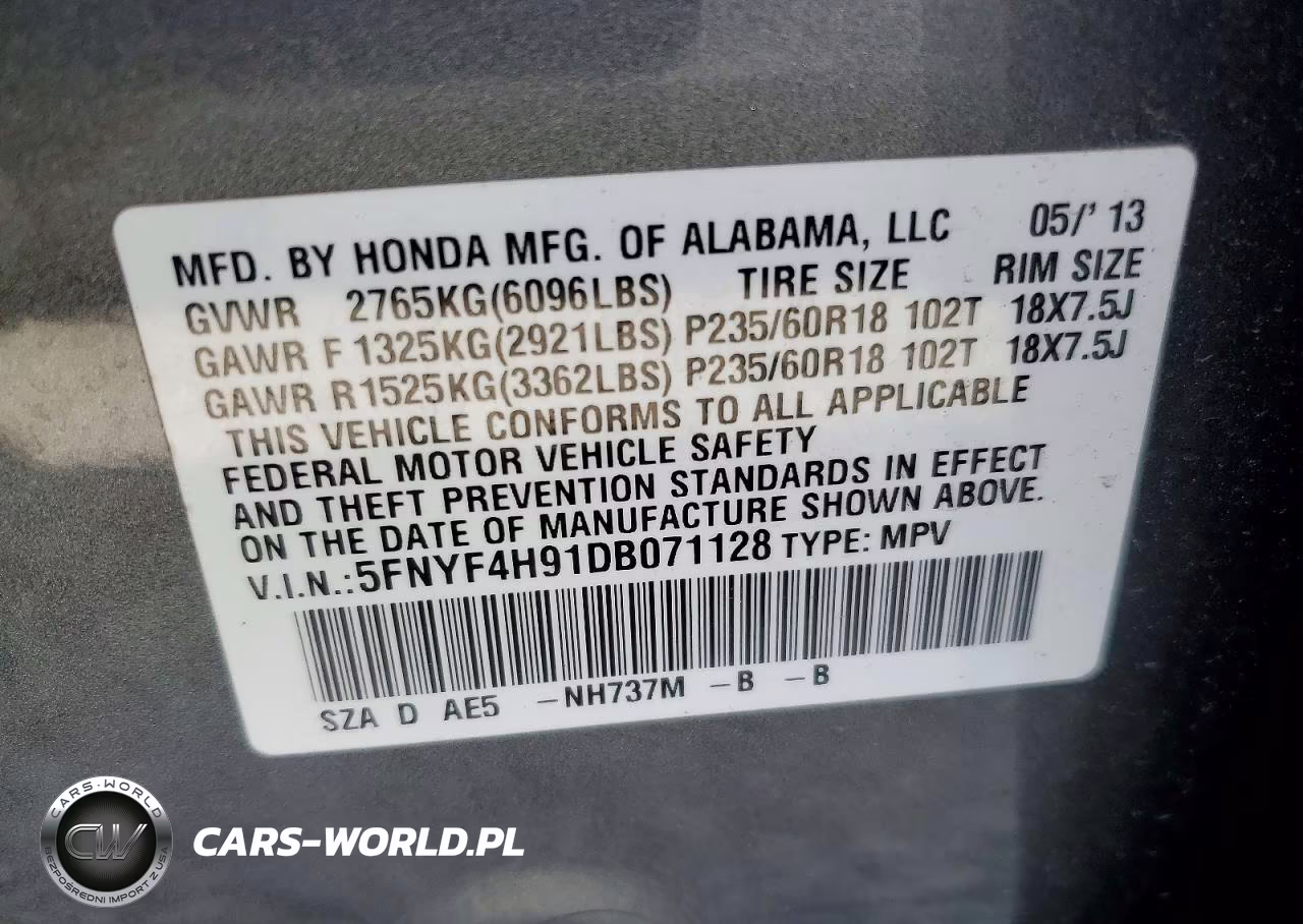 2013 Honda Pilot Touring VIN:5FNYF4H91DB071128 - 13
