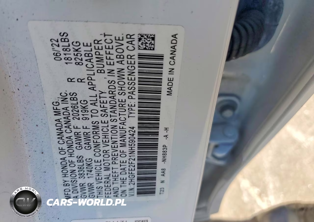 2022 Honda Civic Lx VIN:2HGFE2F21NH590424 - 13