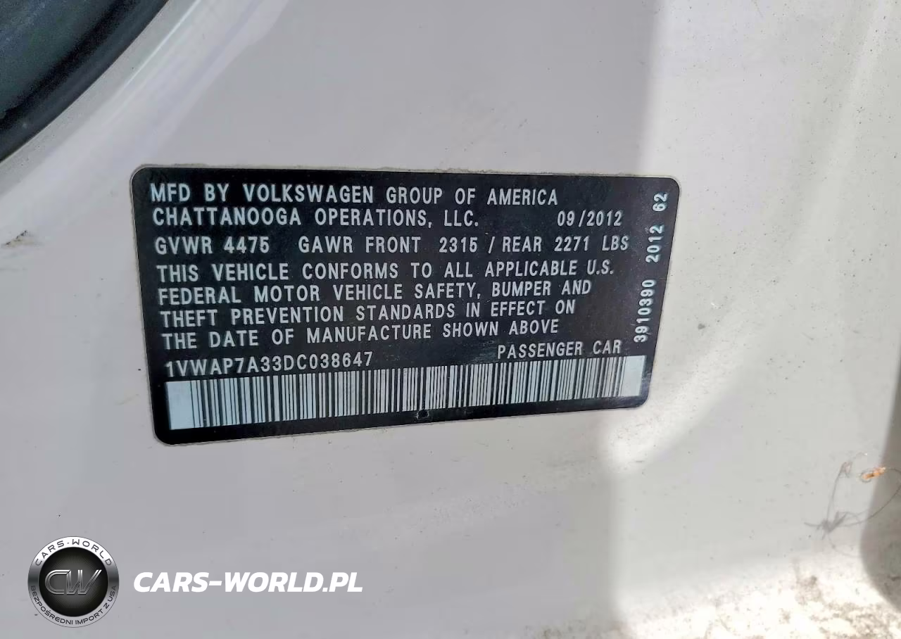 2013 Volkswagen Passat S VIN:1VWAP7A33DC038647 - 12