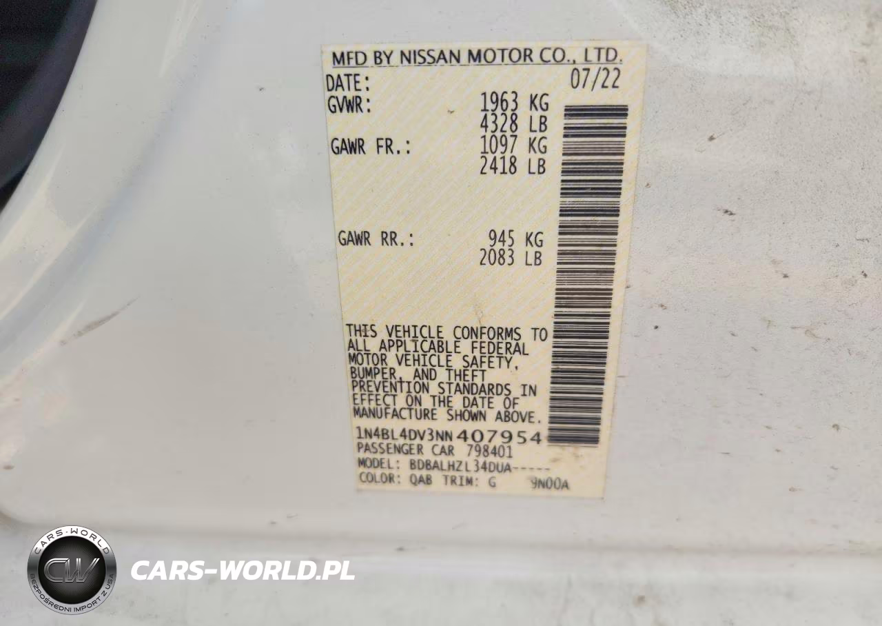 2022 Nissan Altima Sv VIN:1N4BL4DV3NN407954 - 12