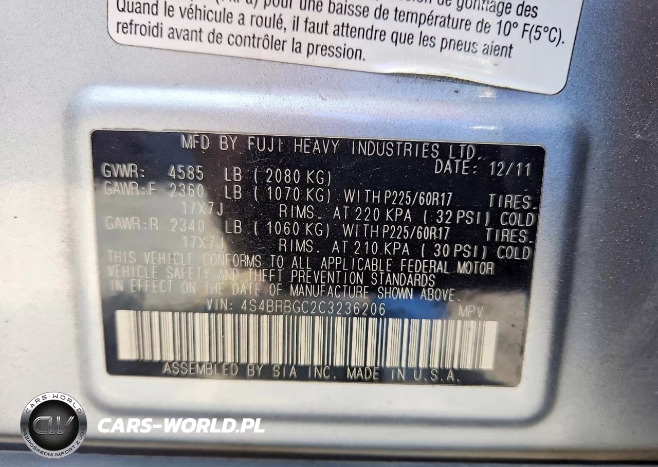 2012 Subaru Outback 2.5I Premium VIN:4S4BRBGC2C3236206 - 13