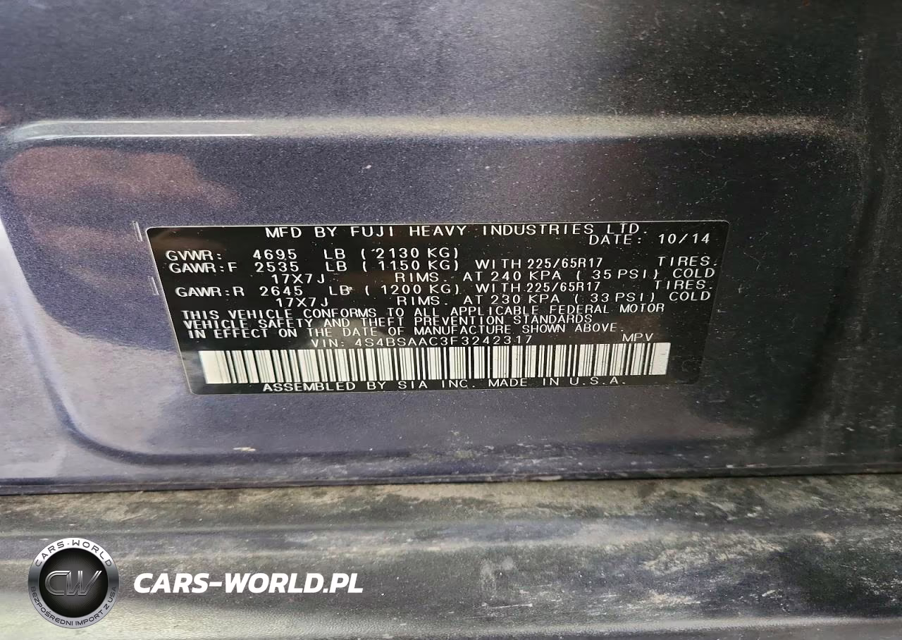 2015 Subaru Outback 2.5I VIN:4S4BSAAC3F3242317 - 13