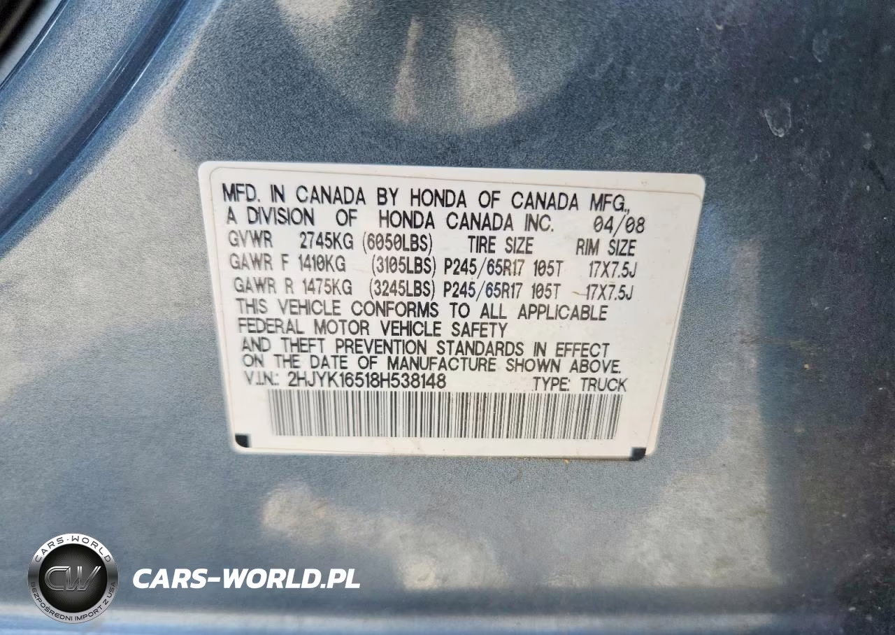 2008 Honda Ridgeline Rtl VIN:2HJYK16518H538148 - 12