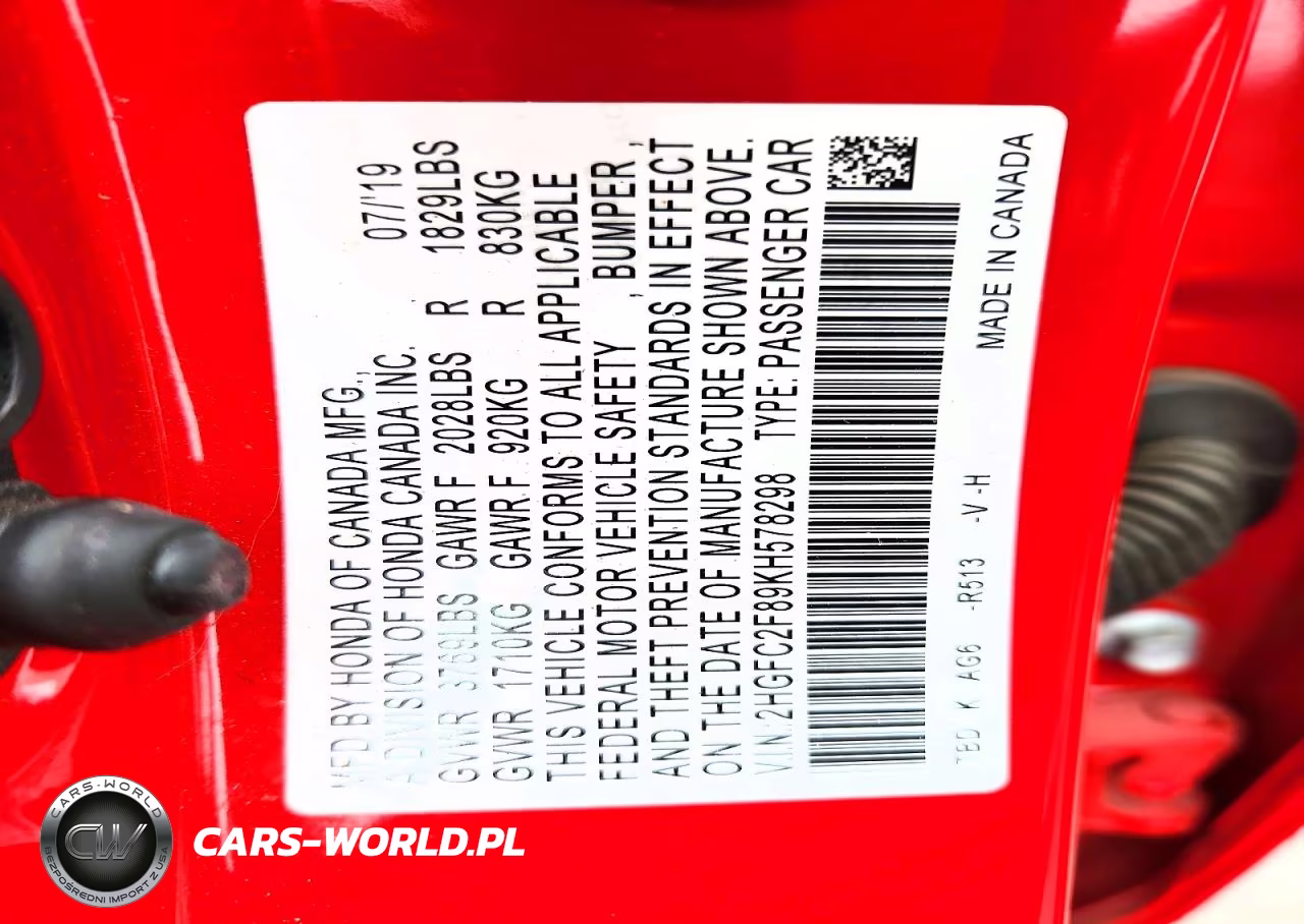 2019 Honda Civic Sport VIN:2HGFC2F89KH578298 - 13