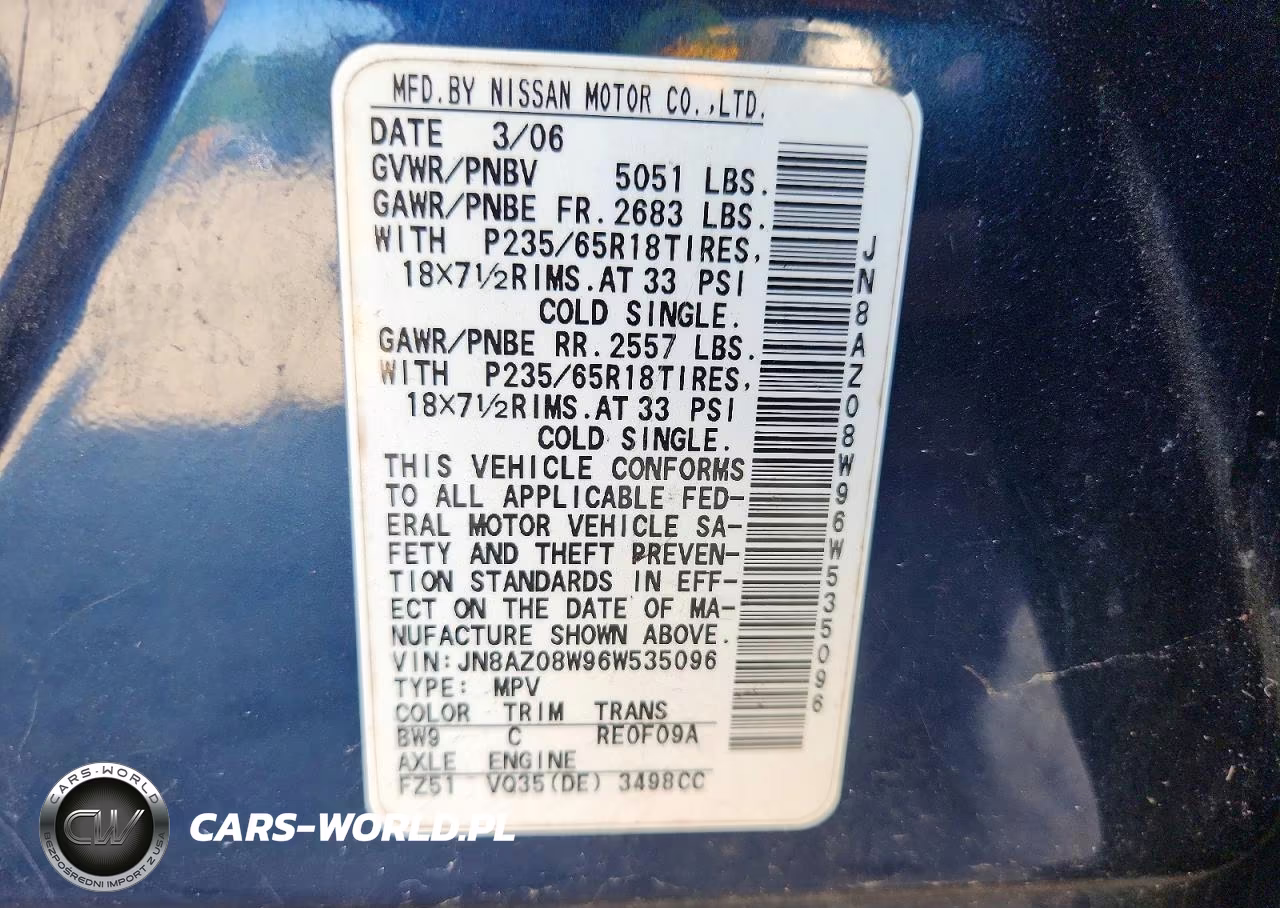 2006 Nissan Murano S VIN:JN8AZ08W96W535096 - 13
