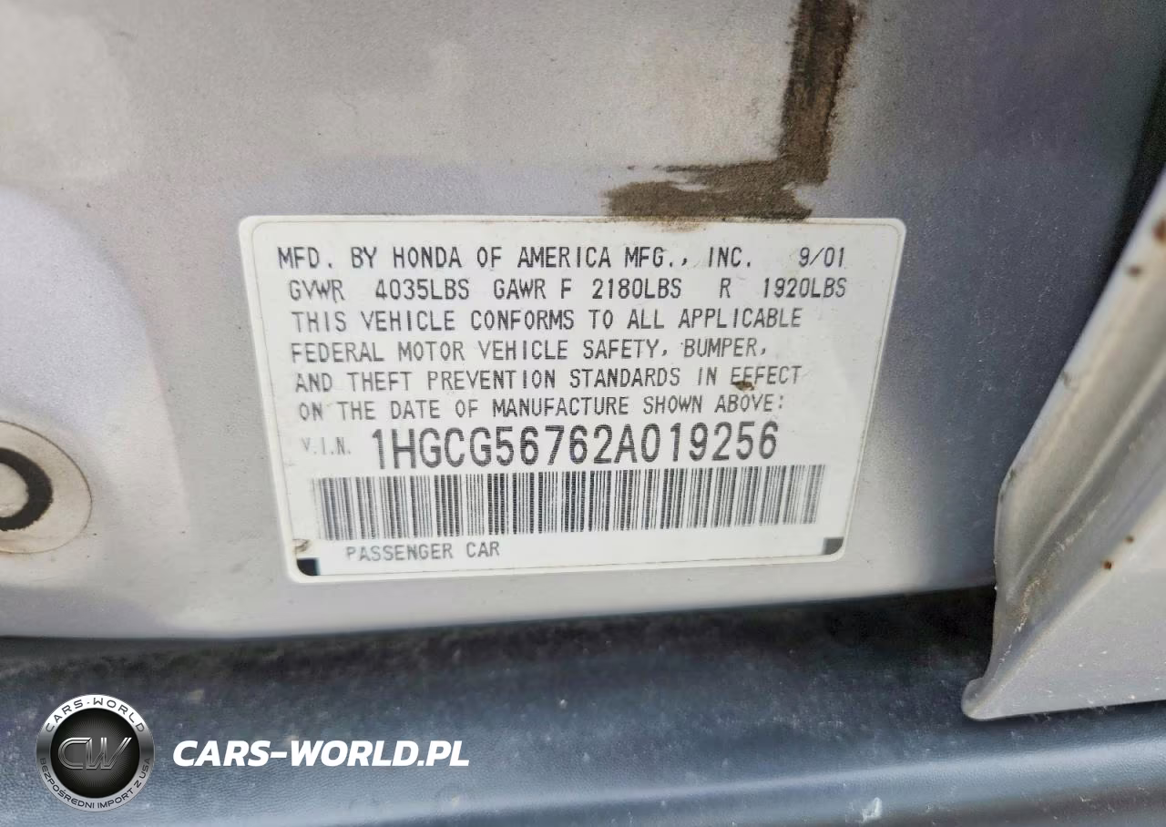 2002 Honda Accord Se VIN:1HGCG56762A019256 - 12