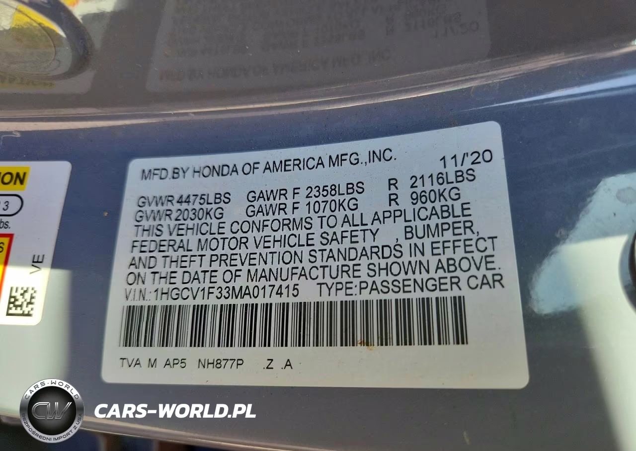 2021 Honda Accord Sport VIN:1HGCV1F33MA017415 - 12