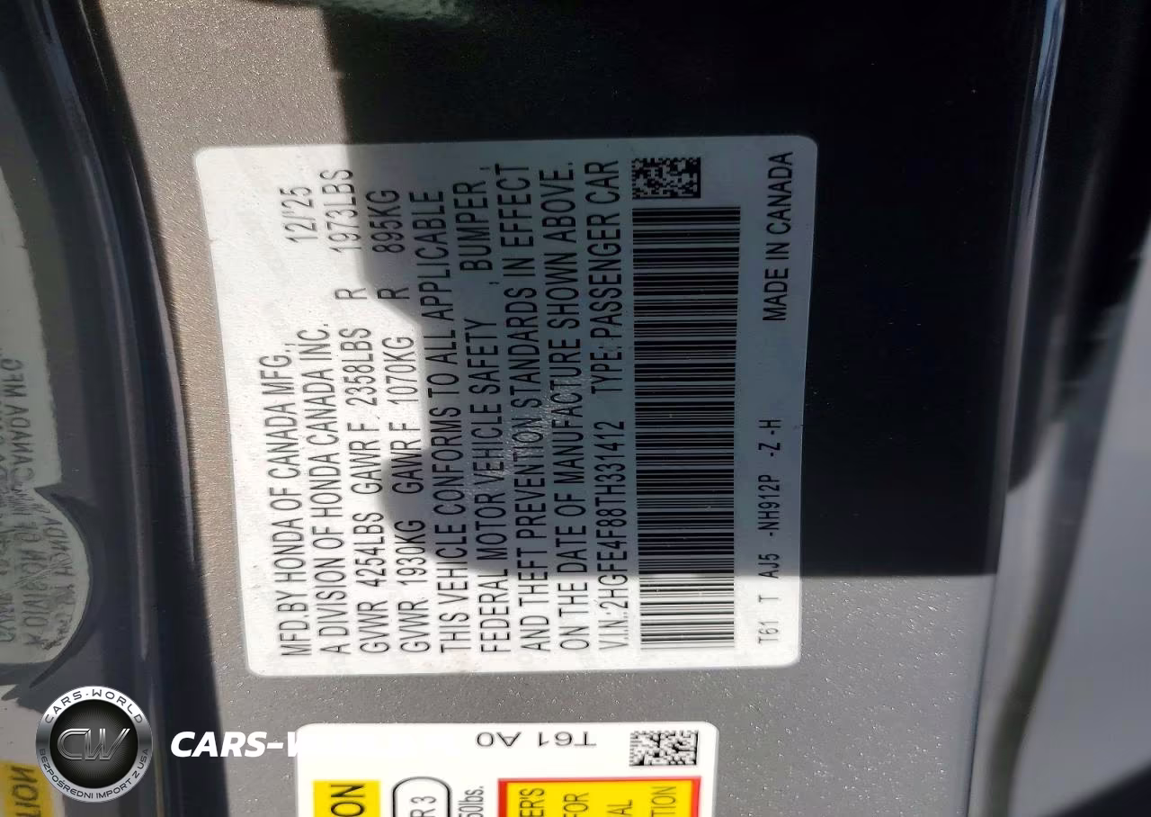 2026 Honda Civic Sport VIN:2HGFE4F88TH331412 - 12