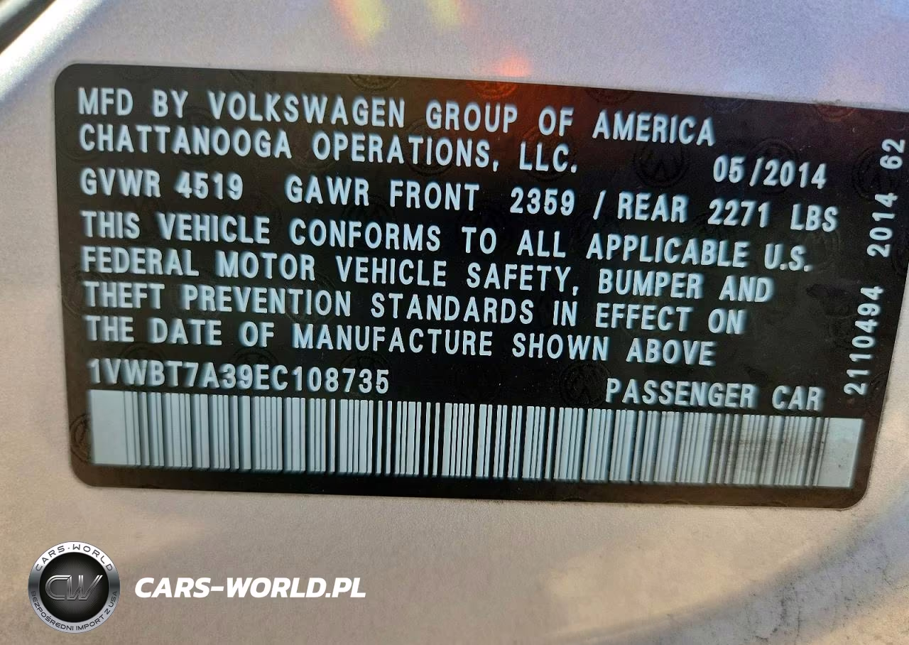 2014 Volkswagen Passat 1.8T Se VIN:1VWBT7A39EC108735 - 12
