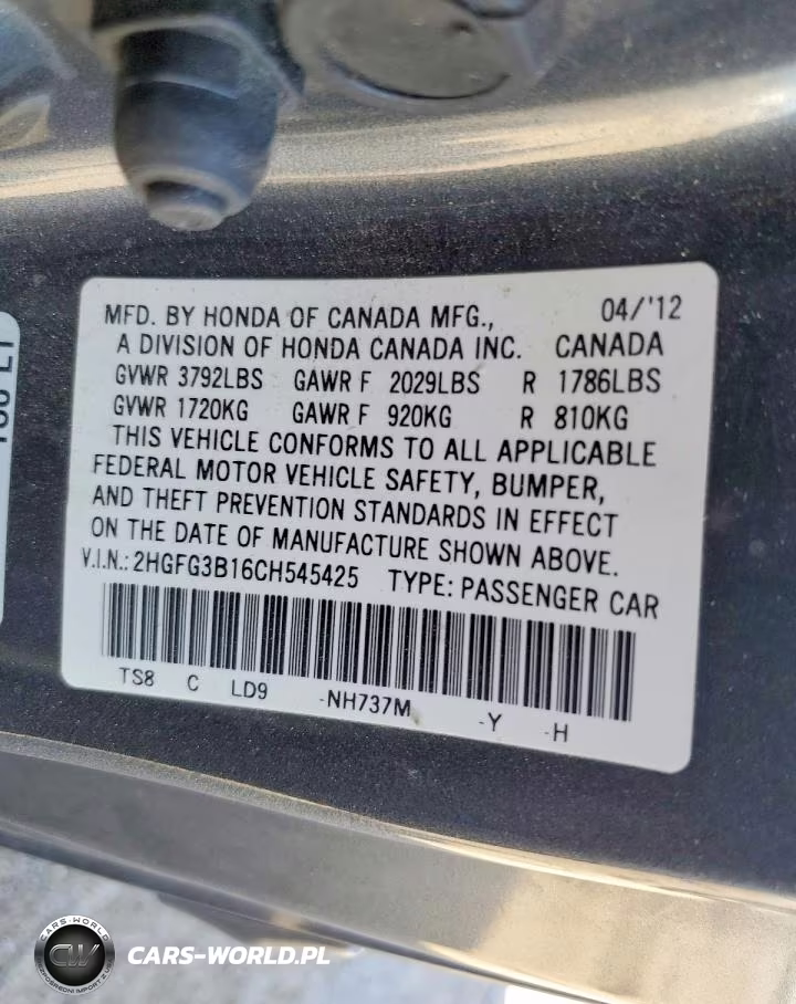 2012 Honda Civic Exl VIN:2HGFG3B16CH545425 - 12