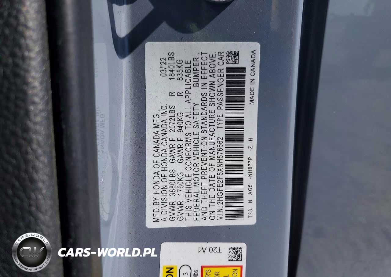 2022 Honda Civic Sport VIN:2HGFE2F5XNH576662 - 13