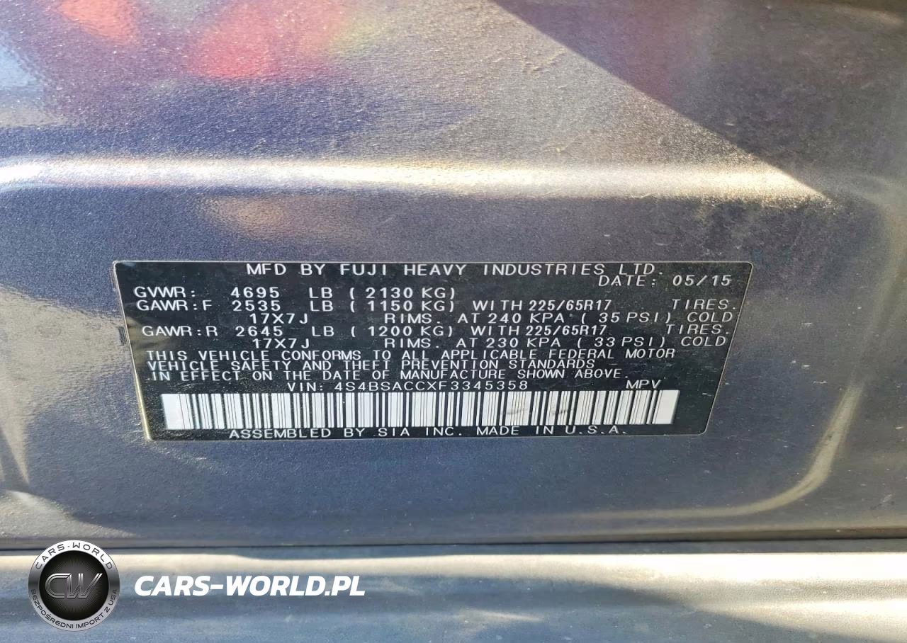 2015 Subaru Outback 2.5I Premium VIN:4S4BSACCXF3345358 - 12