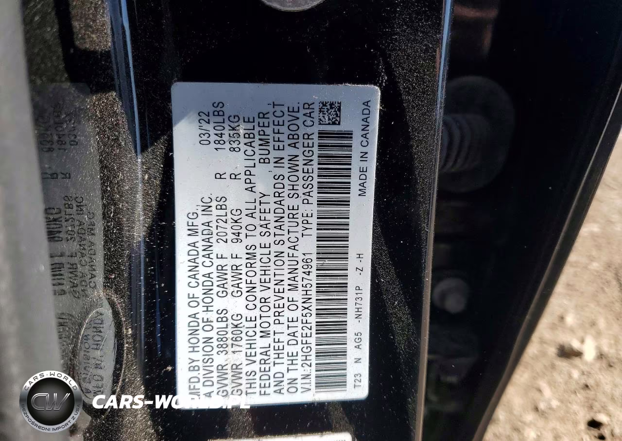 2022 Honda Civic Sport VIN:2HGFE2F5XNH574961 - 12
