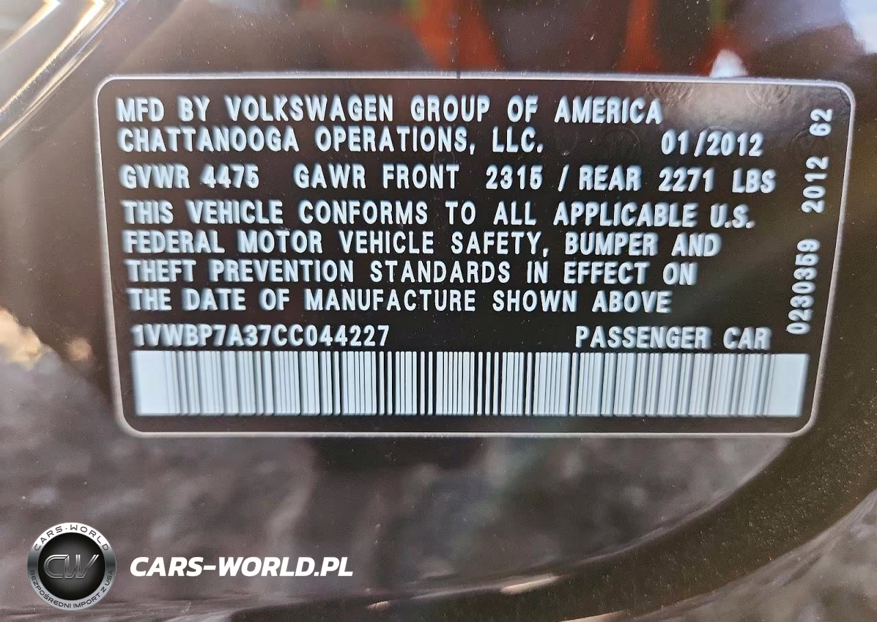 2012 Volkswagen Passat Se VIN:1VWBP7A37CC044227 - 12