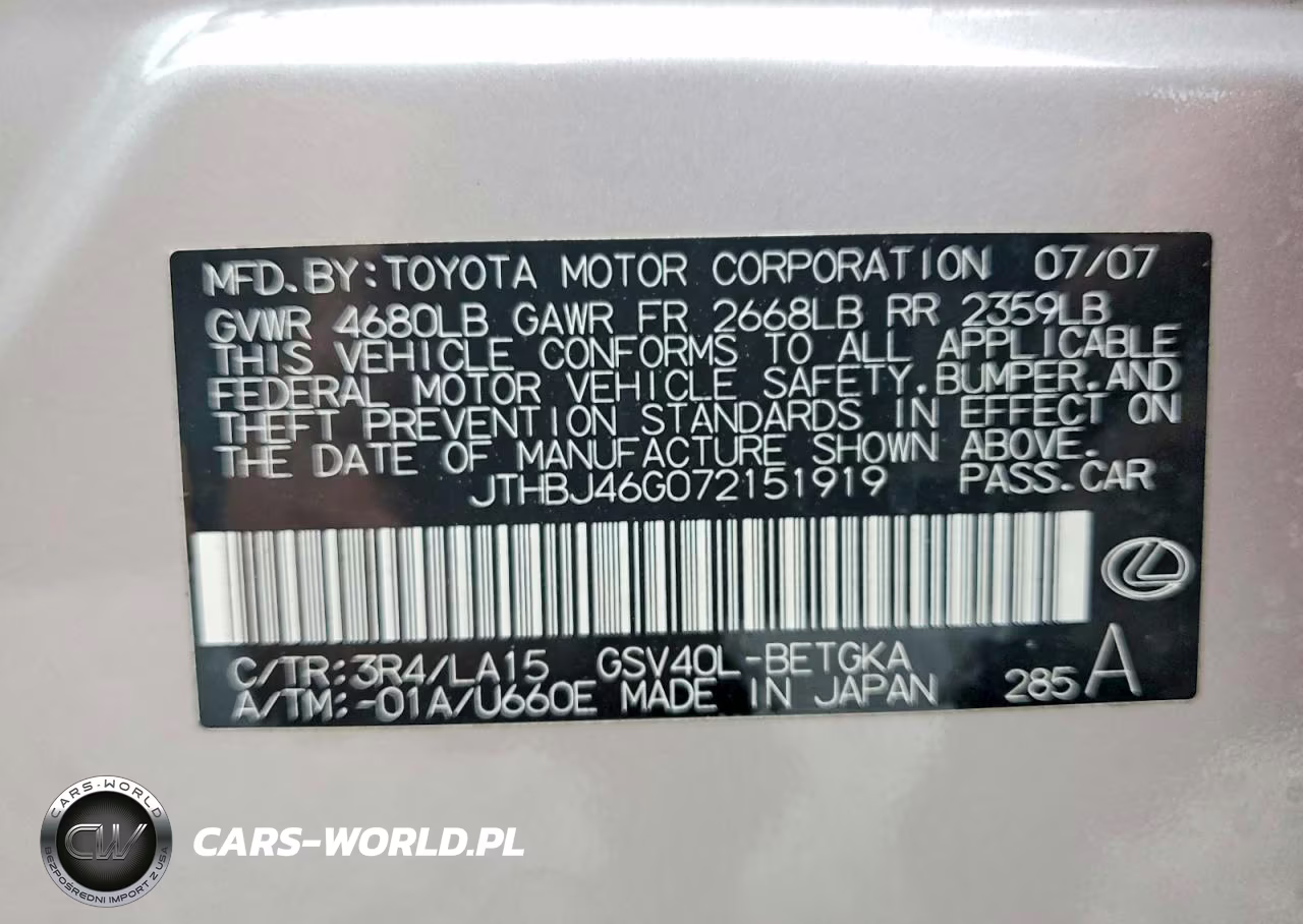 2007 Lexus Es 350 VIN:JTHBJ46G072151919 - 12