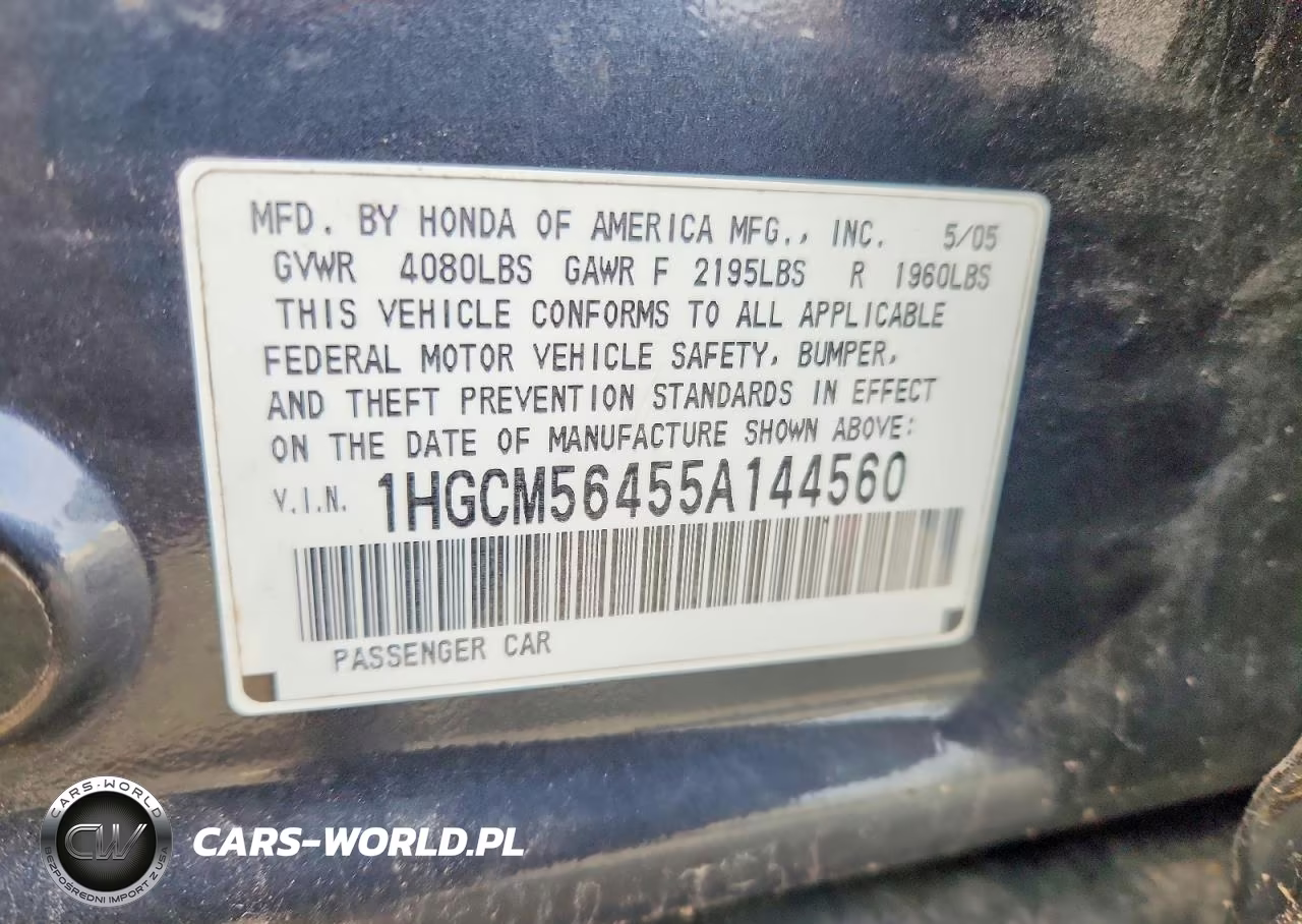 2005 Honda Accord Lx VIN:1HGCM56455A144560 - 12