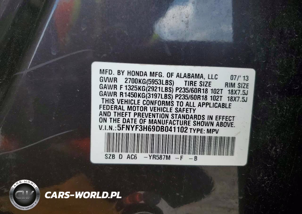 2013 Honda Pilot Exl VIN:5FNYF3H69DB041102 - 13