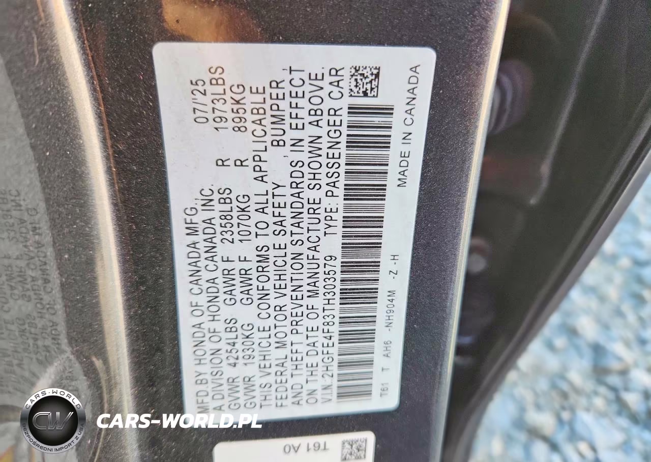 2026 Honda Civic Sport VIN:2HGFE4F83TH303579 - 13