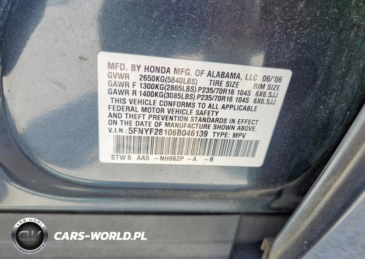 2006 Honda Pilot Lx VIN:5FNYF28106B046139 - 13